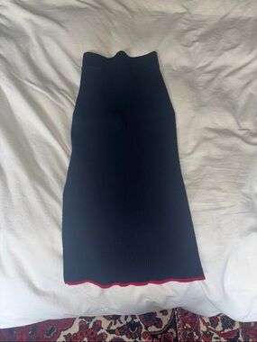 Blue Knit Midi Skirt with Red Trim